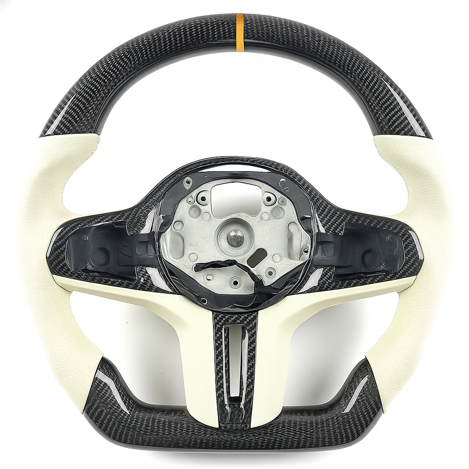 Carbon fiber steering wheel with white accents on a white background